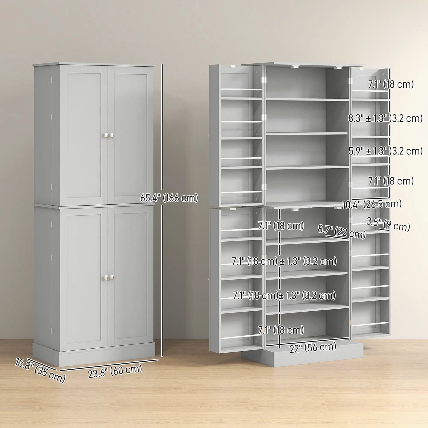 65" Kitchen Pantry Cabinet, 4 Doors, 16 Shelves, Grey Kitchen Pantry Cabinets at Gallery Canada