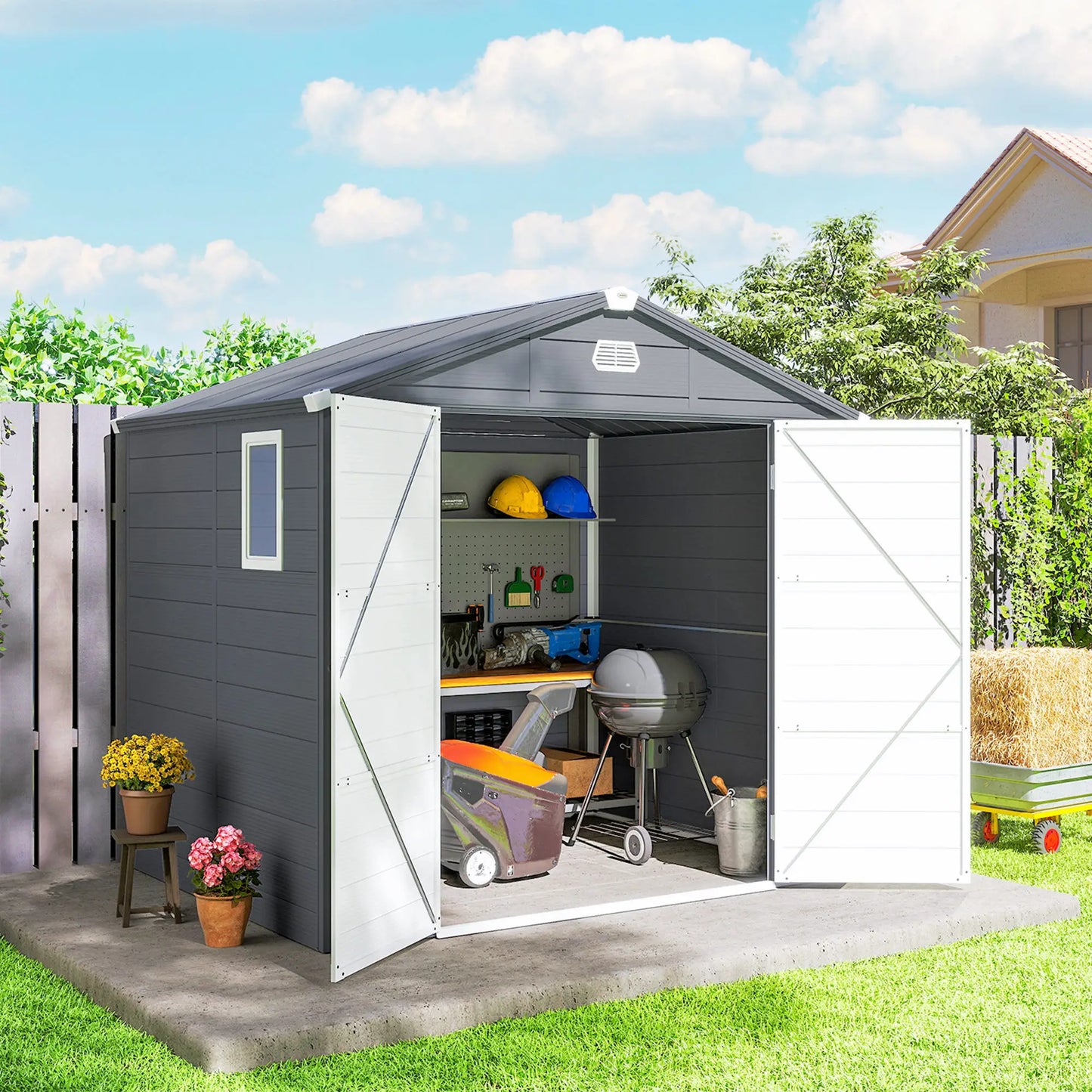 Small Garden Shed, Latch Door, Vents, Sloped Roof, 8x6, Light Grey Sheds at Gallery Canada