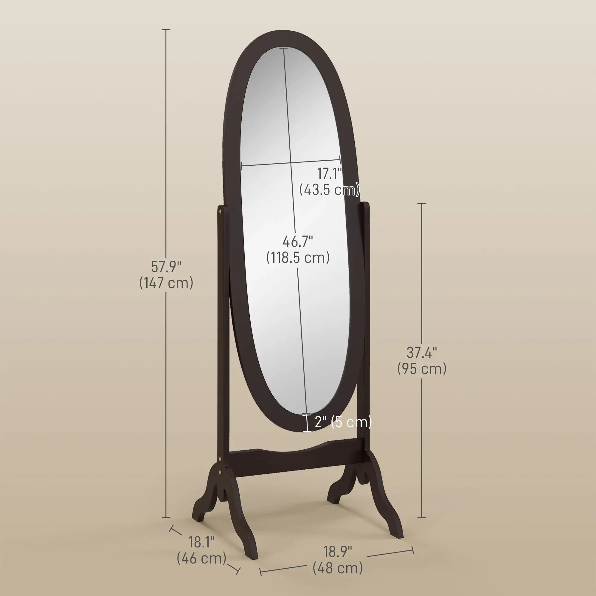 Full Length Floor Mirror, Adjustable Angle Oval Frame, 60x24 Inches Full Length Mirrors at Gallery Canada