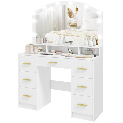 Makeup Vanity with Mirror, 10 LED Lights, 3 Color Adjustable, 7 Drawers, White Dressing & Vanity Tables White at Gallery Canada