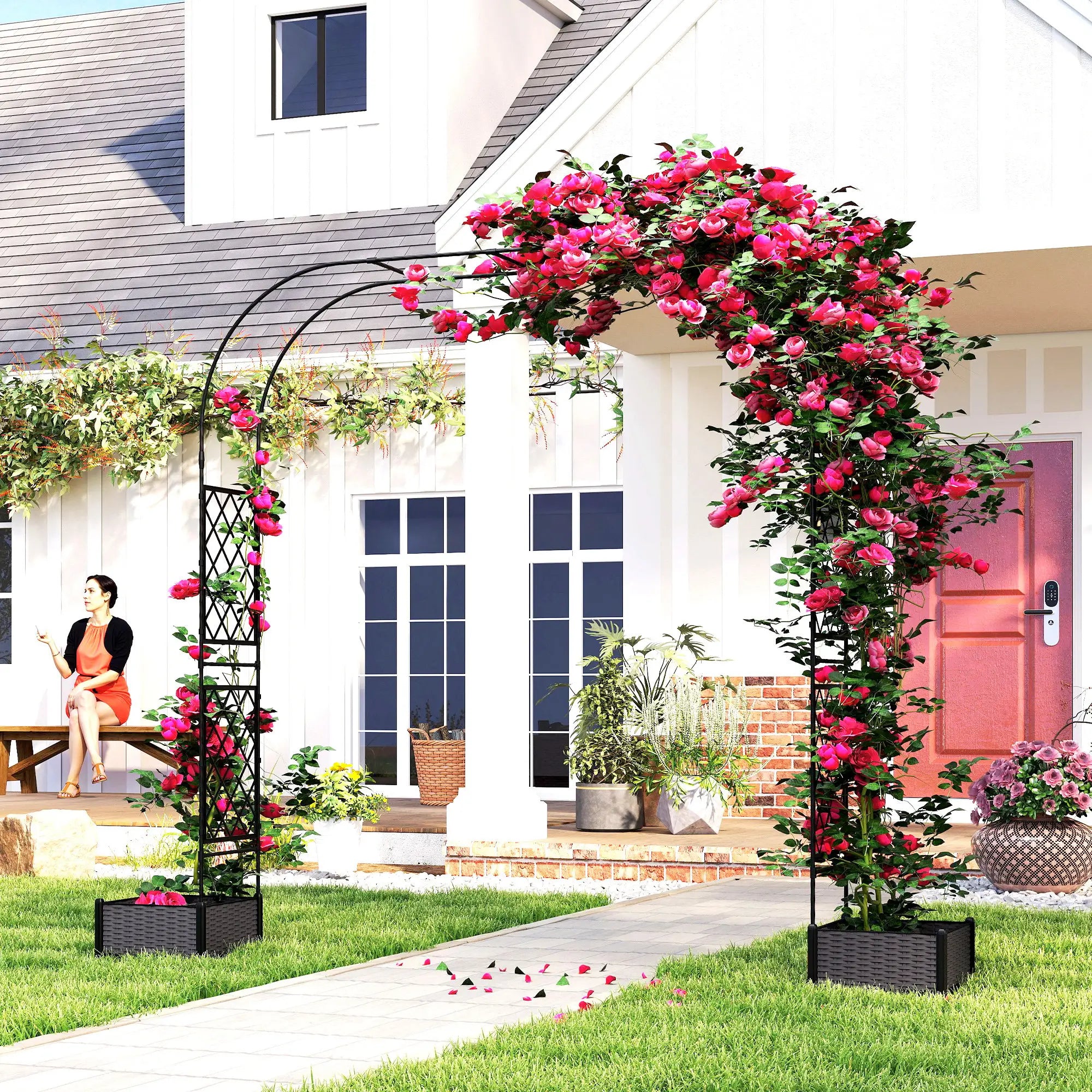 Garden Arch Trellis Arbor With 2 Planter Boxes, 109.4