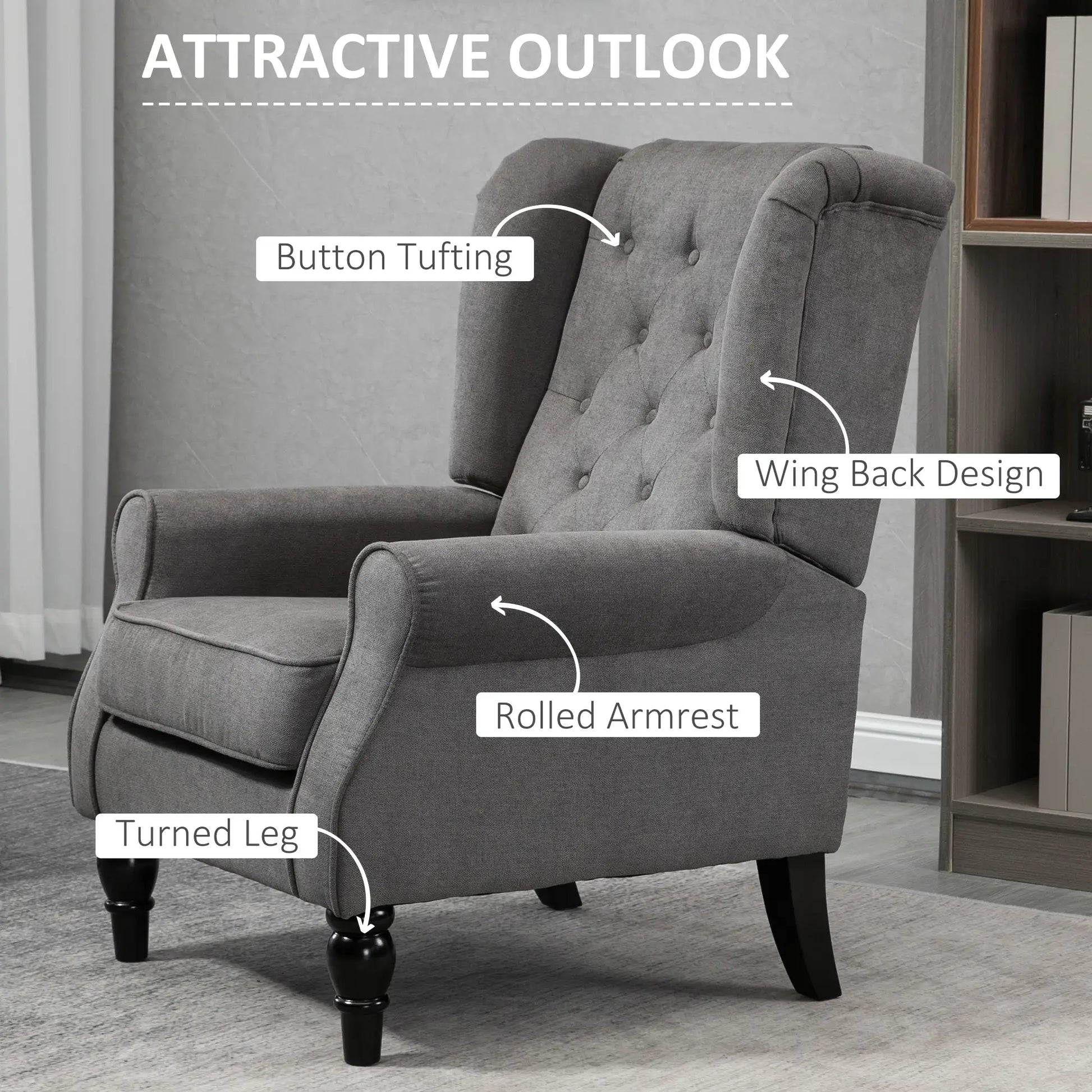 Fabric Accent Chair, Button Tufted, Wood Legs, Thick Padding, Charcoal Grey Accent Chairs at Gallery Canada