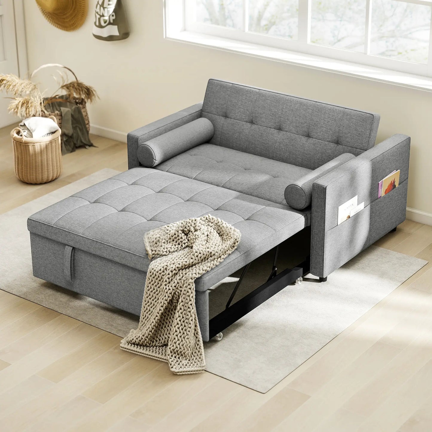 Pull Out Sofa Bed, Sleeper Couch with USB, Small Linen Loveseat, Grey 2-Seater Sofas at Gallery Canada