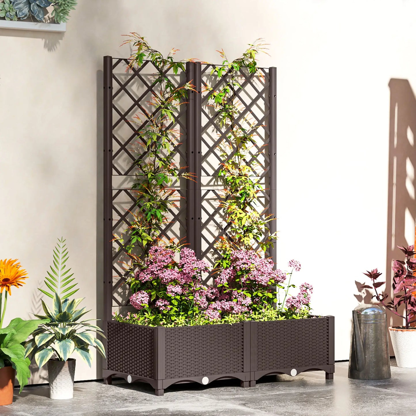 Plastic Raised Garden Bed With Trellis, Drainage Holes And Plugs