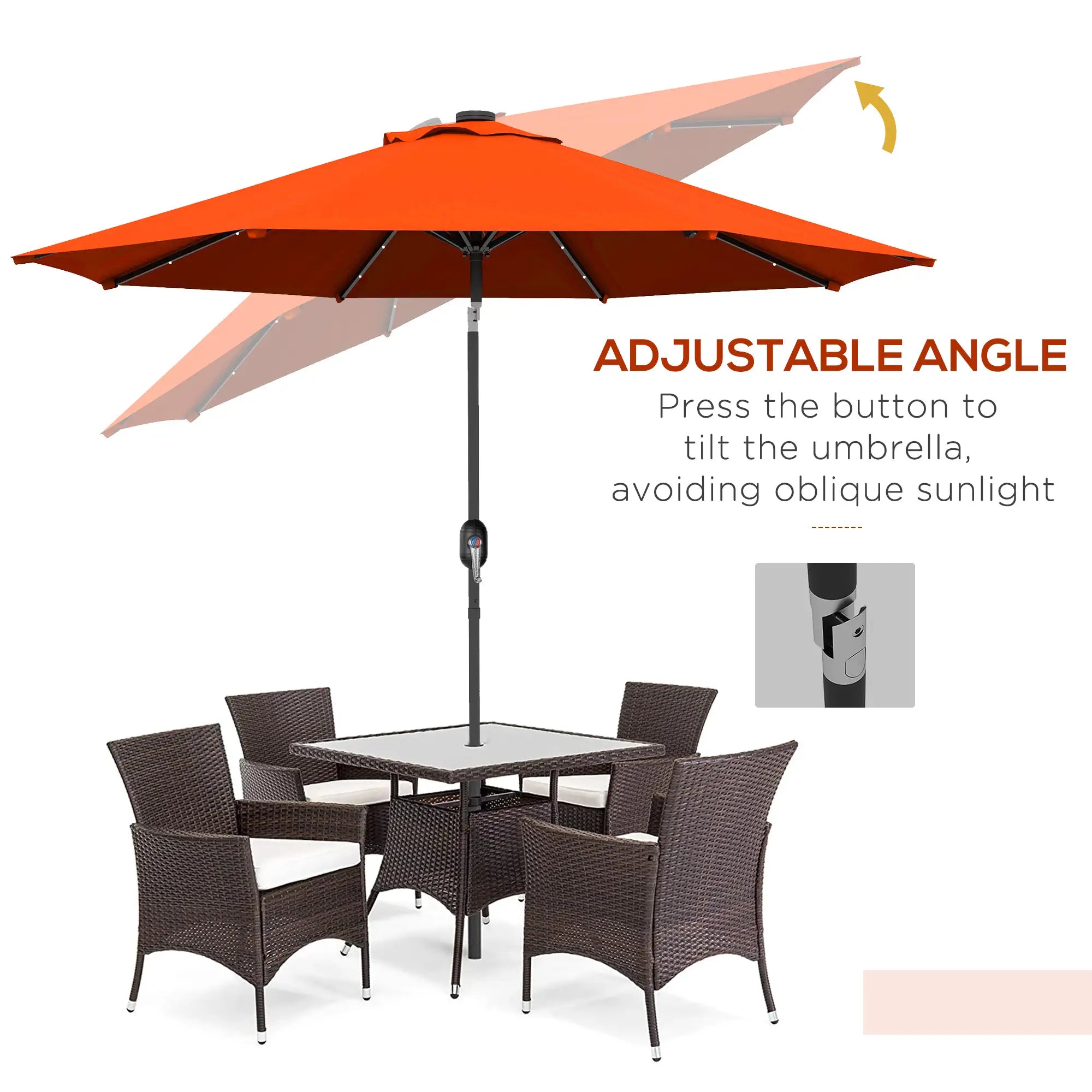 9ft Solar Patio Umbrella, 24 LED Lights, Tilt Canopy, Orange Sun Umbrellas at Gallery Canada