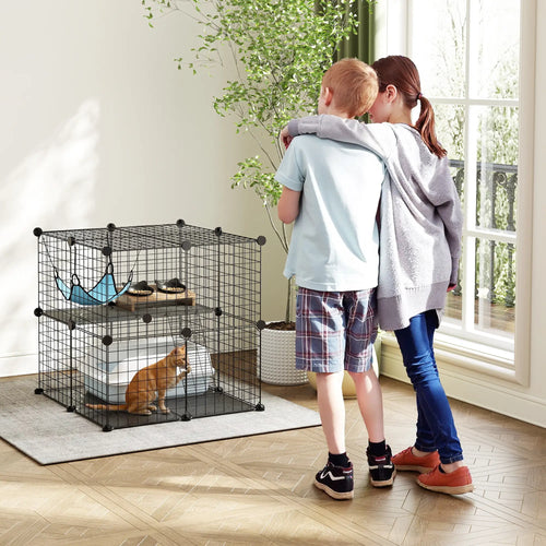 2 Tier Cat Cage, DIY Pet Playpen With 2 Doors, Ladder, Hammock, Perch, Black