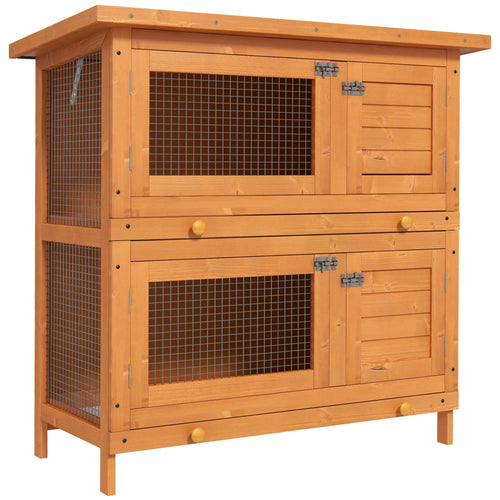 2-Tier Wooden Rabbit Hutch, Small Animal House, Bunny Pet Cage, 2 Rooms, Sliding Tray, Opening Top, Yellow