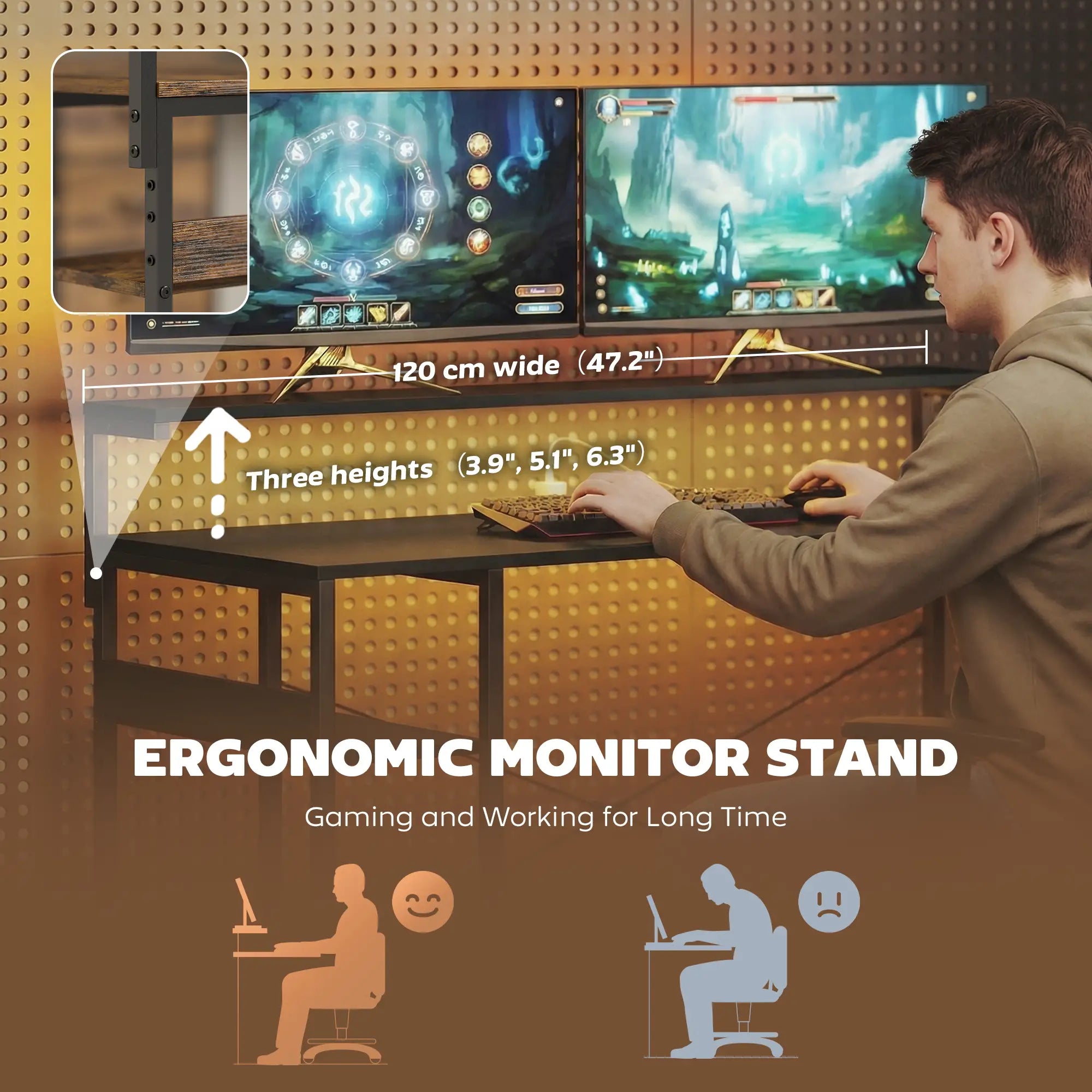 Gaming Desk With Power Outlets, LED Lights, Drawers, Monitor Stand, 61