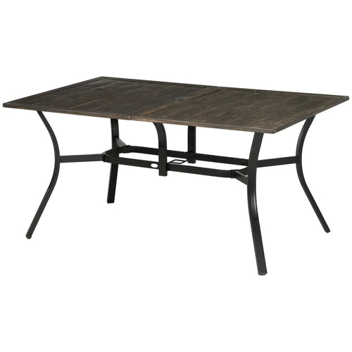 59 Inch Outdoor Dining Table, Steel Frame, Wood Grain, Brown