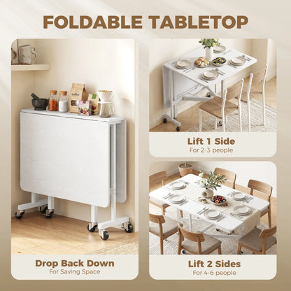 Six-Seater Drop-Leaf Dining Table with Wheels, White Dining Tables at Gallery Canada