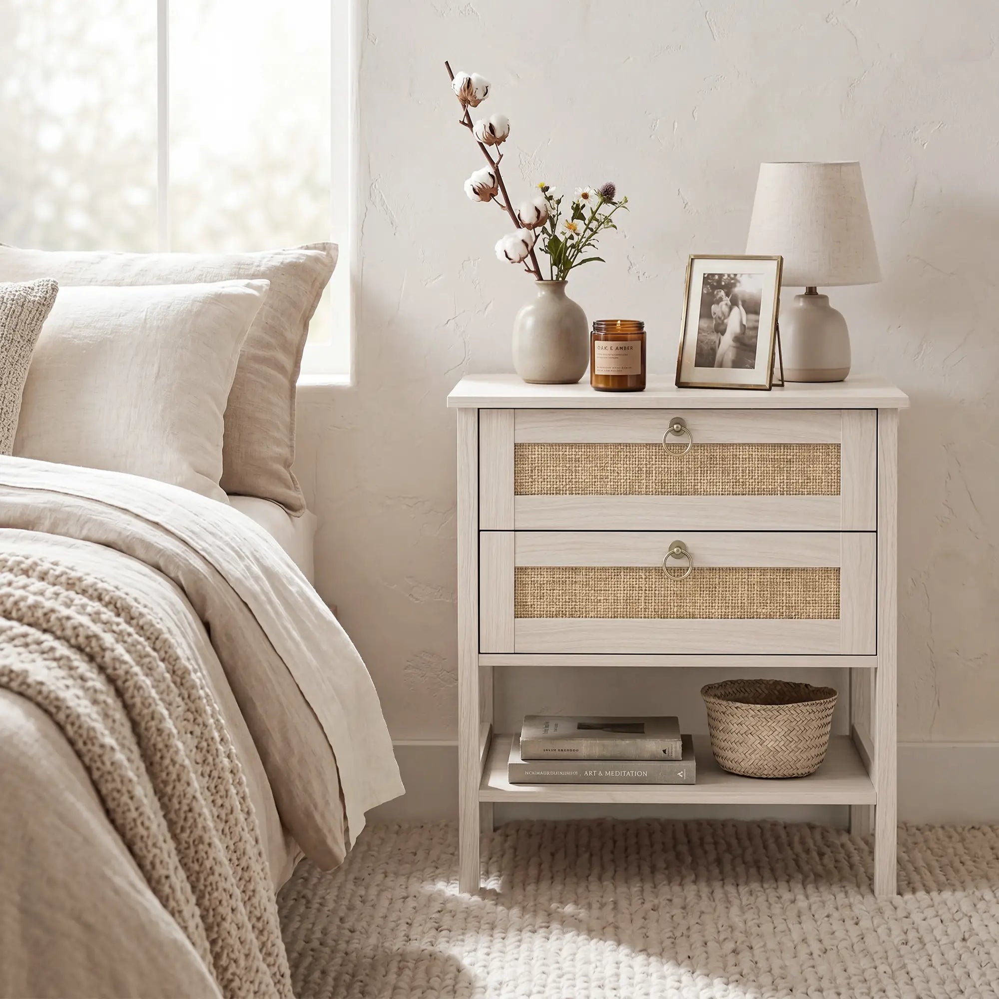 Set Of 2 Rattan Nightstands, 2 Drawers, Storage Shelf, White Oak Bedside Tables at Gallery Canada