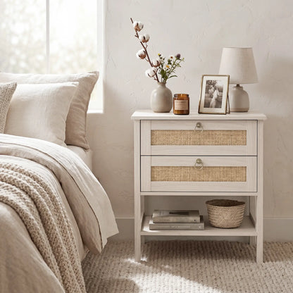 Set Of 2 Rattan Nightstands, 2 Drawers, Storage Shelf, White Oak Bedside Tables at Gallery Canada