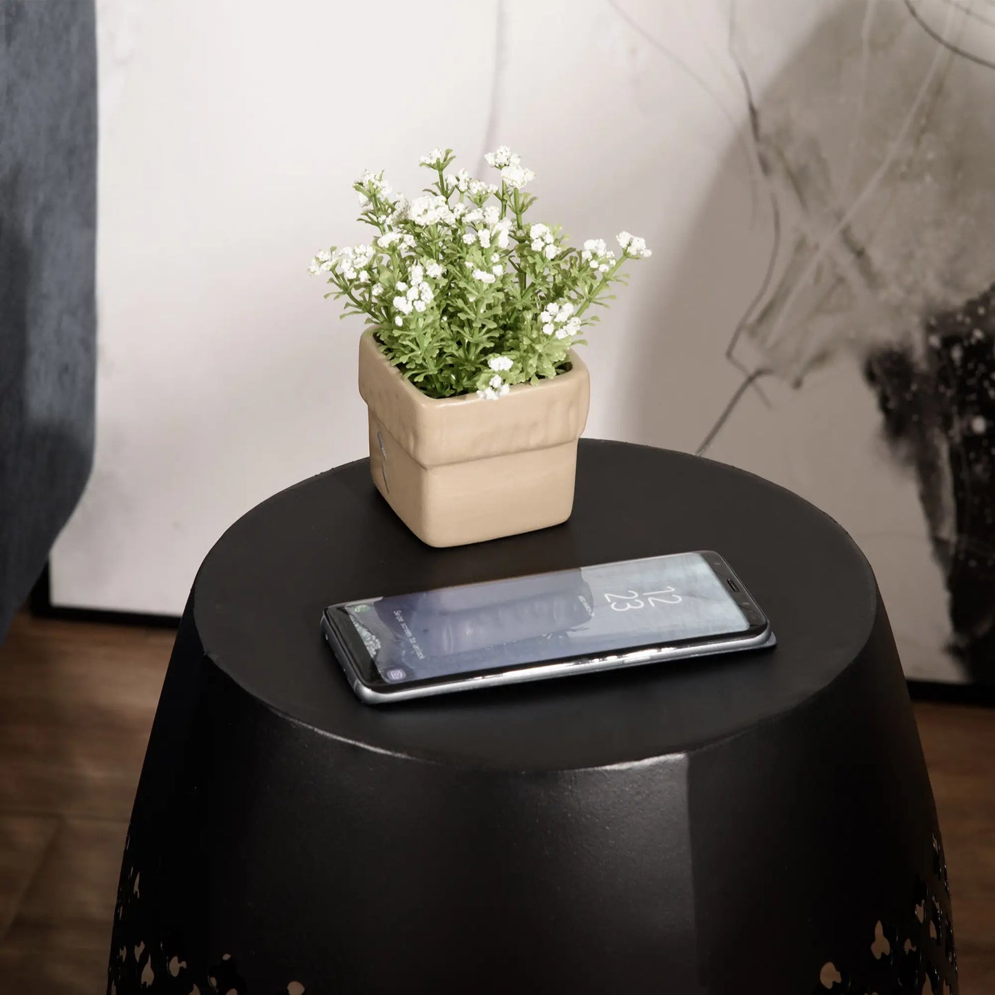 12.5" Steel Round Hollow Drum Side Table, Indoor Outdoor, Black Patio Side Tables at Gallery Canada