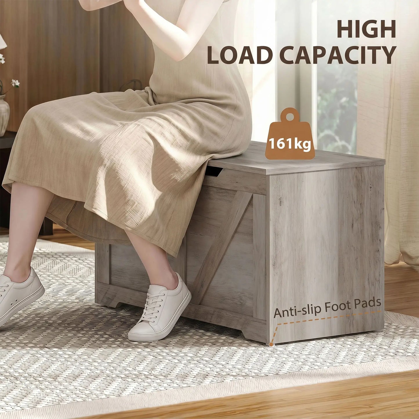 Storage Chest with Safety Hinges, Grey Wood Grain, 39.4 Inches, Grey