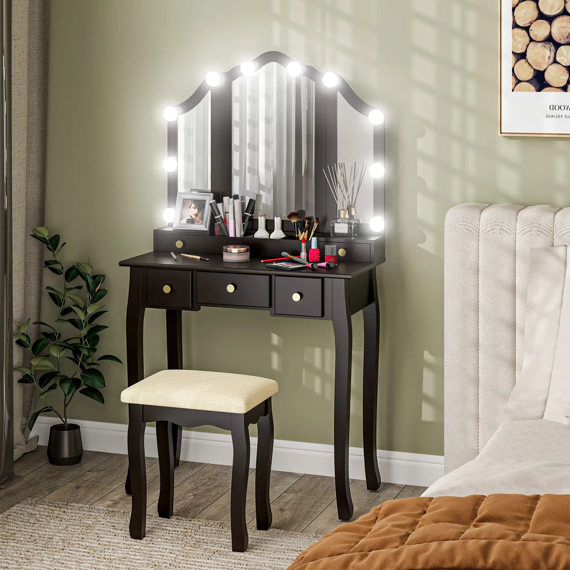 Makeup Vanity Desk with Mirror, Stool, 10 LED Lights, Black Dressing & Vanity Tables at Gallery Canada