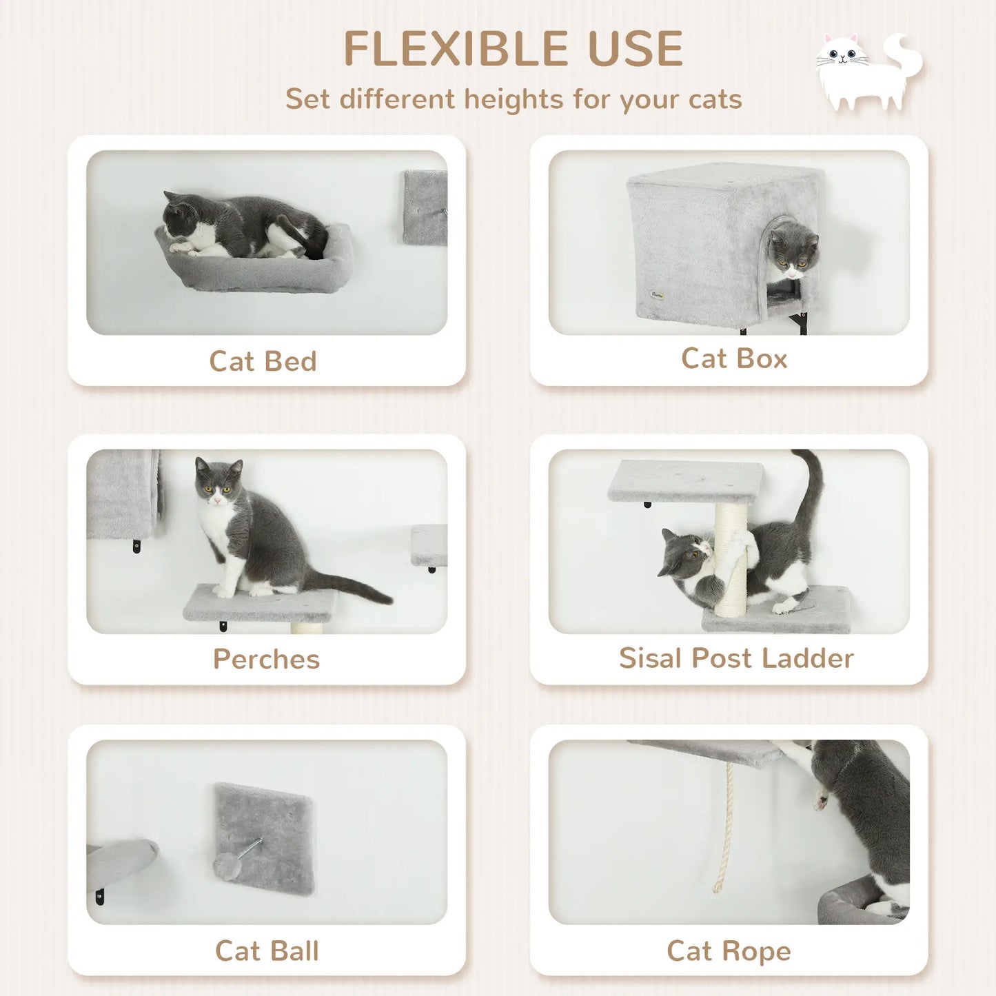 Cat Wall Shelves Set of 7, Perches with House, Sisal Ladder, Bed, Grey Cat Climbing Wall at Gallery Canada