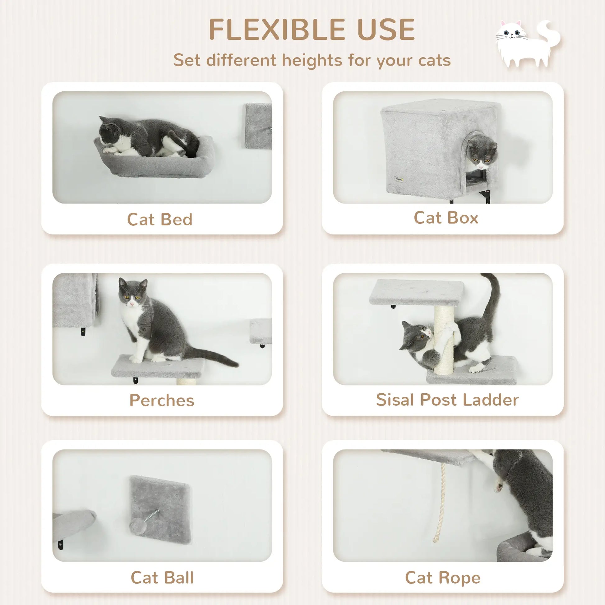 Cat Wall Shelves Set of 7, Perches with House, Sisal Ladder, Bed, Grey Cat Climbing Wall at Gallery Canada