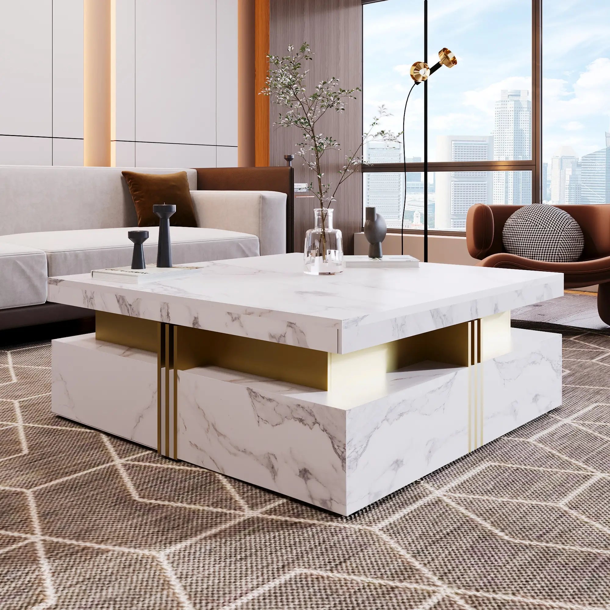 Square Storage Coffee Table, 4 Drawers, MDF, 33.5