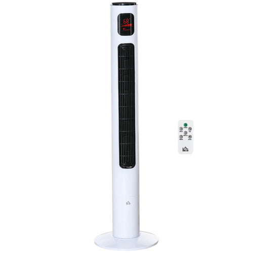 Freestanding Tower Fan, Oscillating, 3 Speed, 12h Timer, LED Panel, Remote, White