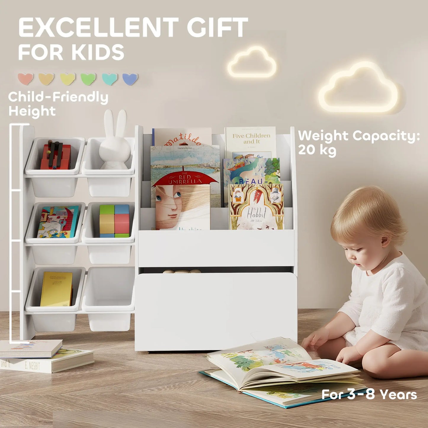 Kids Bookshelf Toy Storage, 3 Tier Bookcase 6 Removable Bins, White Baby & Kids Storage at Gallery Canada