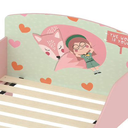 Toddler Bed, Bedside Storage, Guard Rails, 132x70x10cm, Pink Fox Print