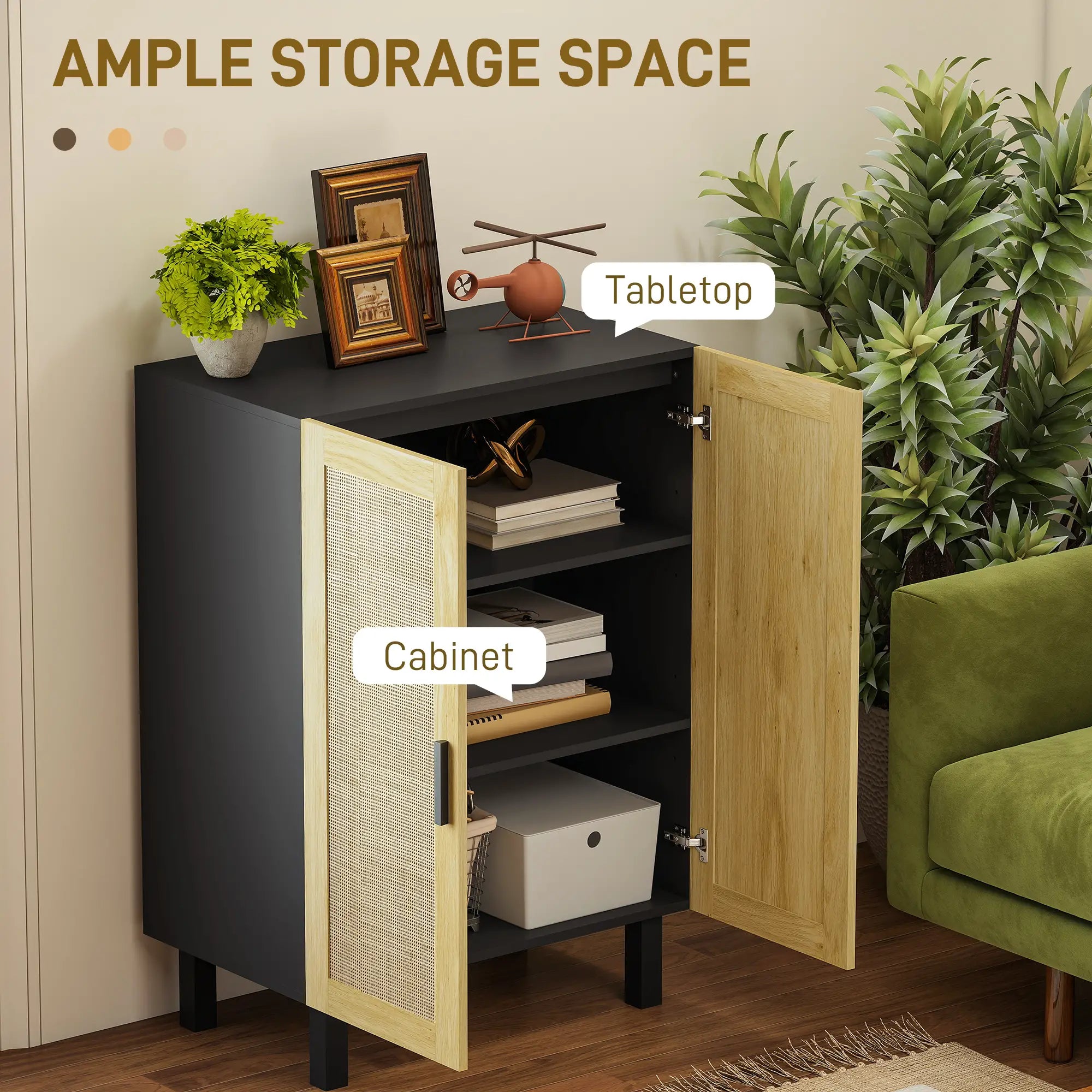 Boho Sideboard, Buffet Cabinet with Storage, 2 Rattan Doors, Black Storage Cabinets at Gallery Canada