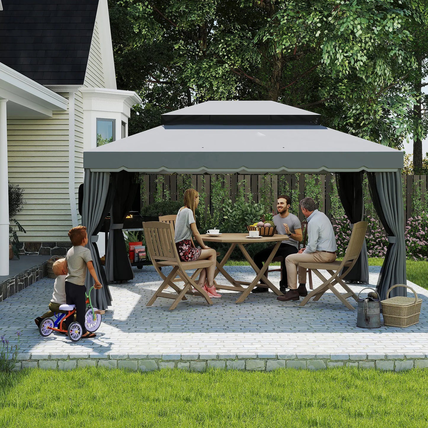 13' x 10' Patio Gazebo, Double Roof Canopy Shelter with Netting, Dark Grey Gazebos at Gallery Canada