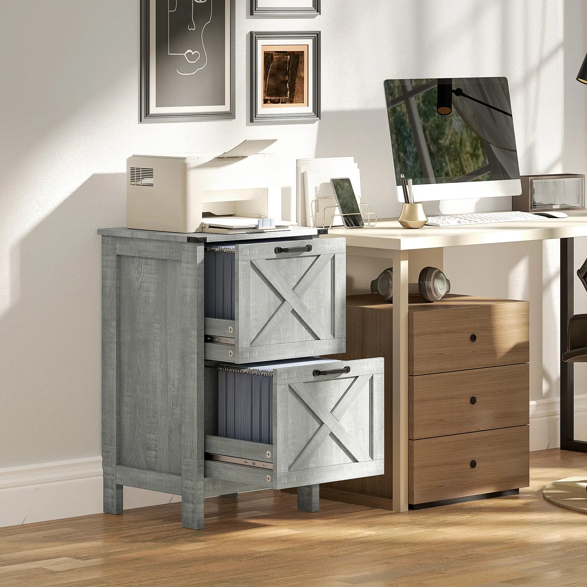 Vertical Filing Cabinet, 2 Drawers, Rustic Farmhouse, A4 Letter Size, Stone Grey Office Cabinets & Cupboards at Gallery Canada