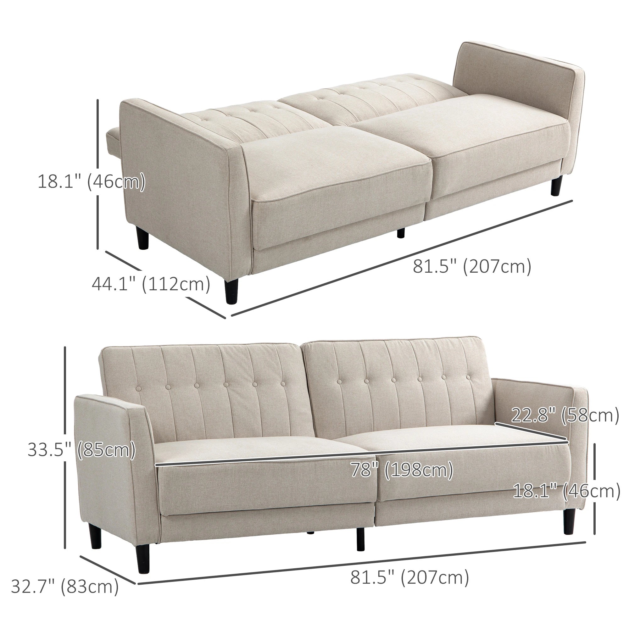 Convertible Bed, Button Tufted Fabric Sofa Bed, Adjustable Back, Beige 2-Seater Sofas at Gallery Canada