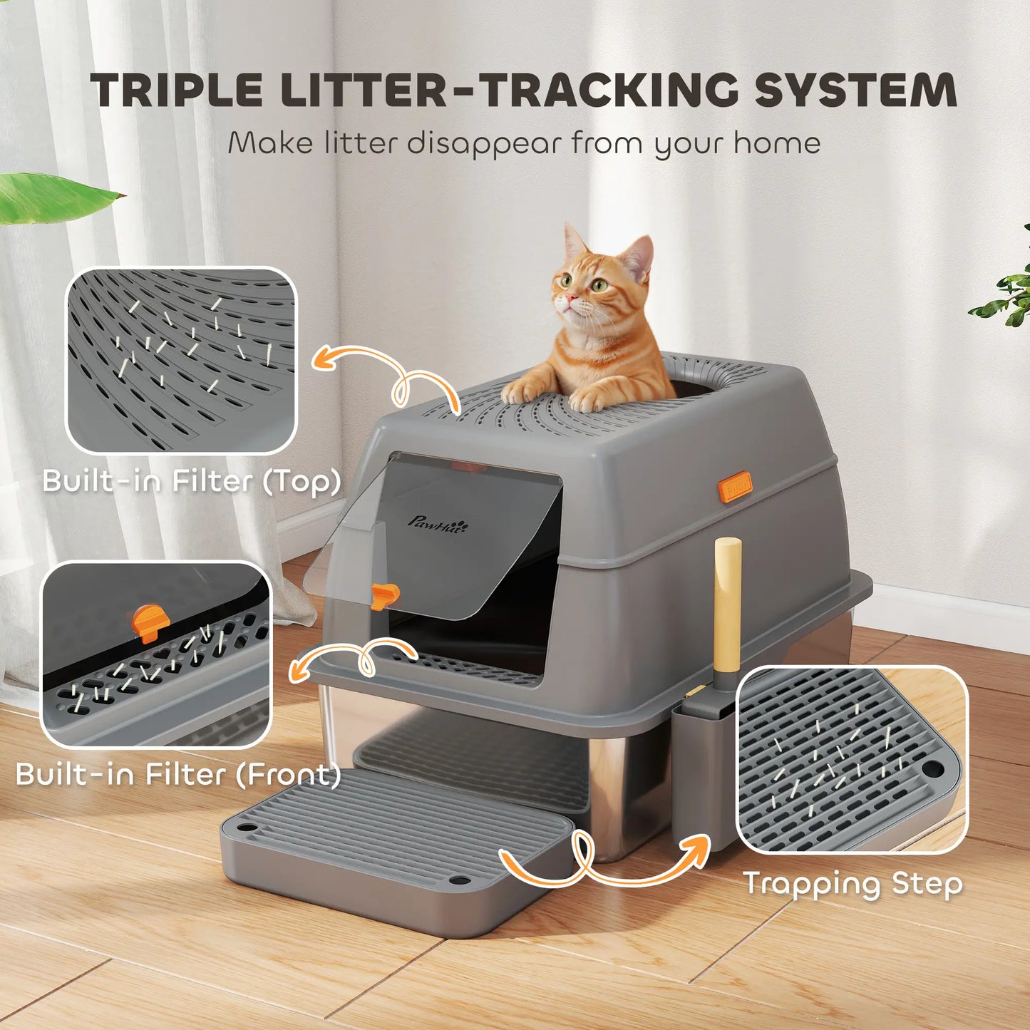 XL Stainless Steel Cat Litter Box, 80L with Front Top Entry, Trapping Step, Scoop, for Large Cats Cat Litter Box Enclosures at Gallery Canada