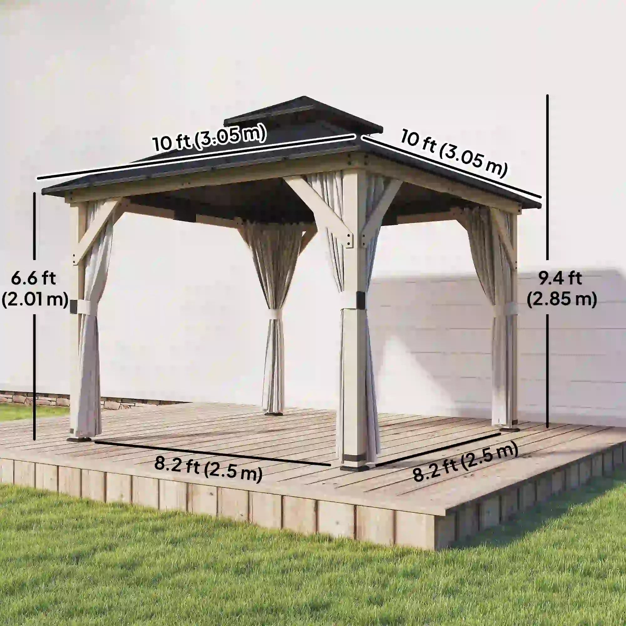 10' x 10' Hardtop Gazebo, Steel Roof, Wood Patio, Light Grey Gazebos at Gallery Canada