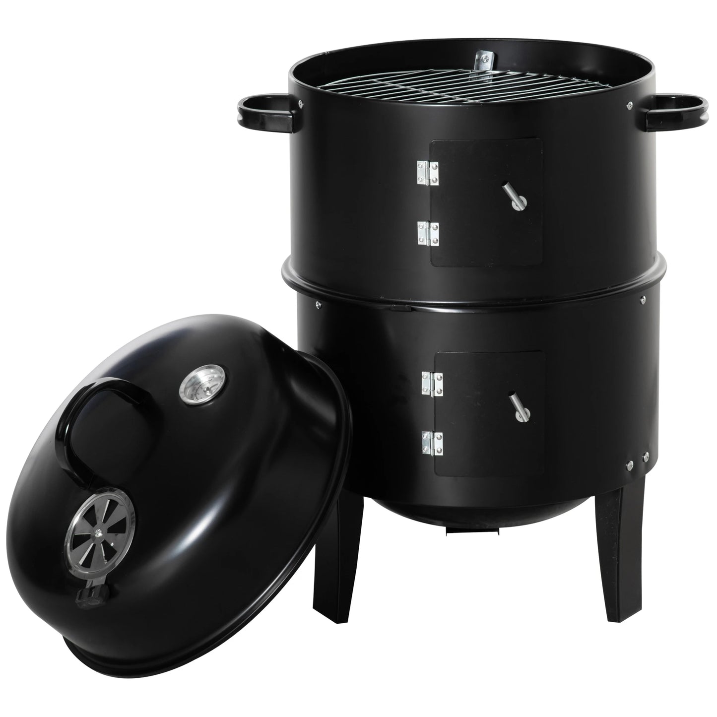 3-In-1 Vertical Charcoal BBQ Smoker, 16" Round Grill With Thermometer, Black Charcoal BBQ Grils Black at Gallery Canada