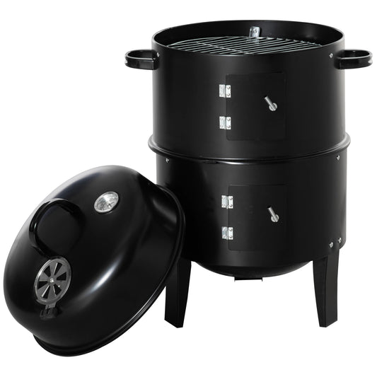 3-In-1 Vertical Charcoal BBQ Smoker, 16" Round Grill With Thermometer, Black Charcoal BBQ Grils Black at Gallery Canada
