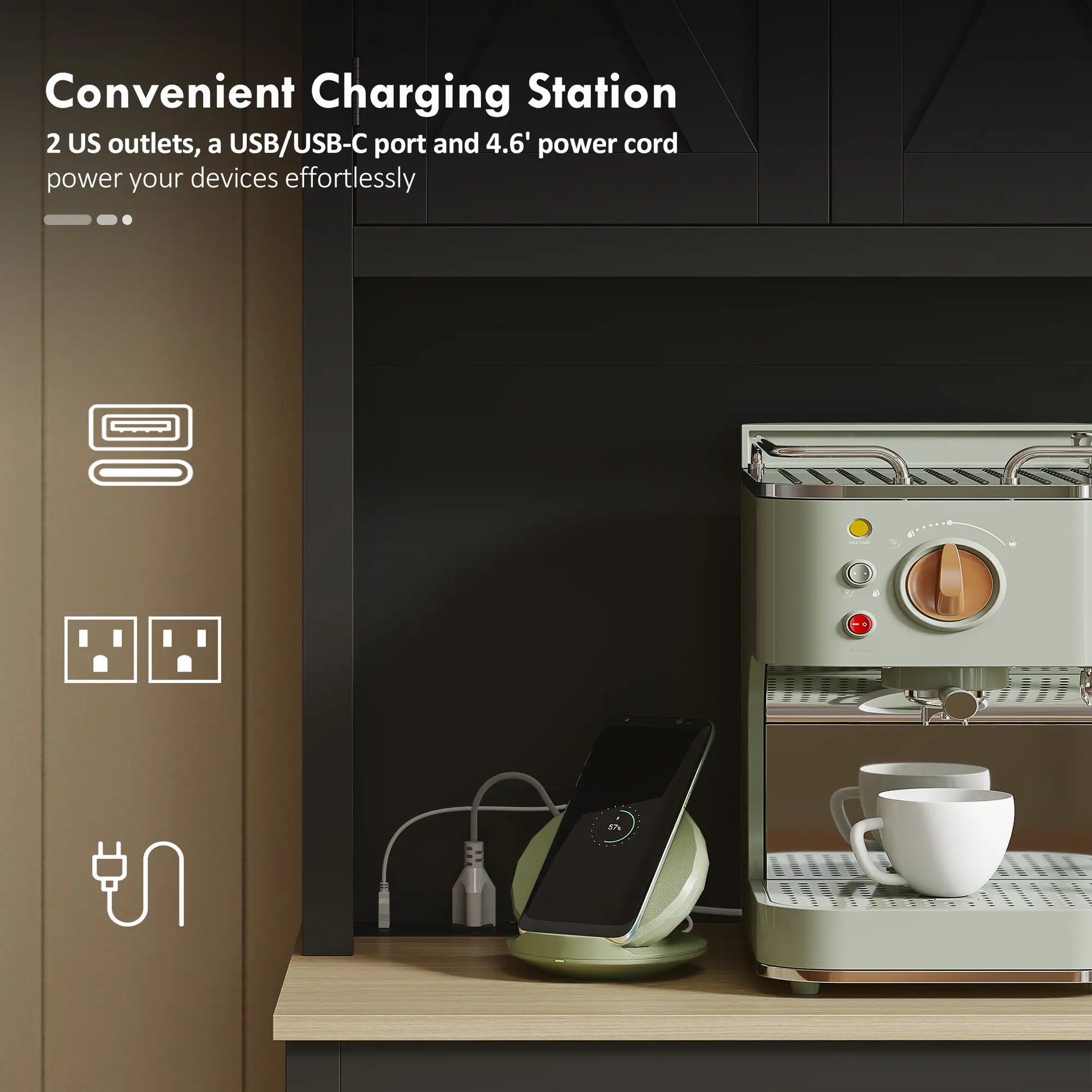 69 Inch Pantry Cabinet with Charging Station, Microwave Stand, Tilt-Out Trash Can, Black Kitchen Pantry Cabinets at Gallery Canada