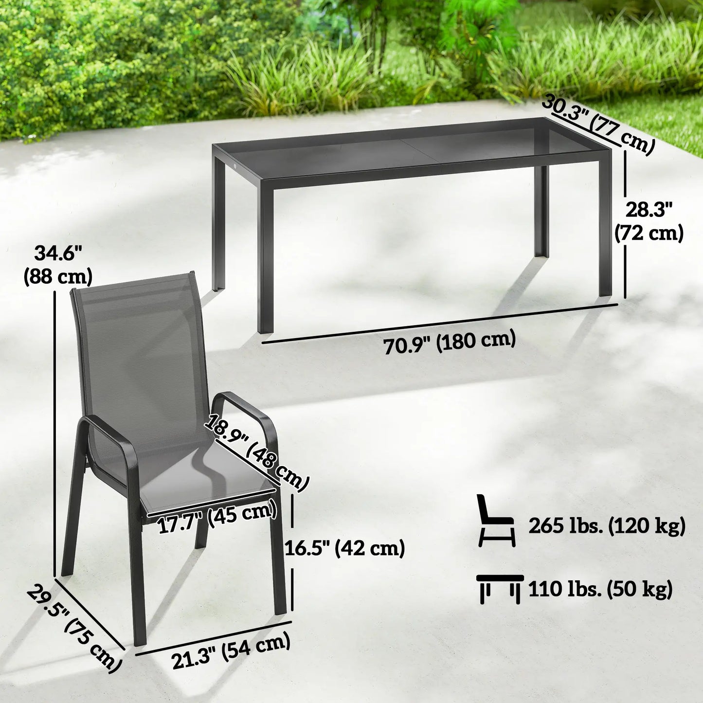 9-Piece Patio Dining Set, Glass Top Table, Stackable Chairs, Dark Grey Outdoor Dining Sets at Gallery Canada