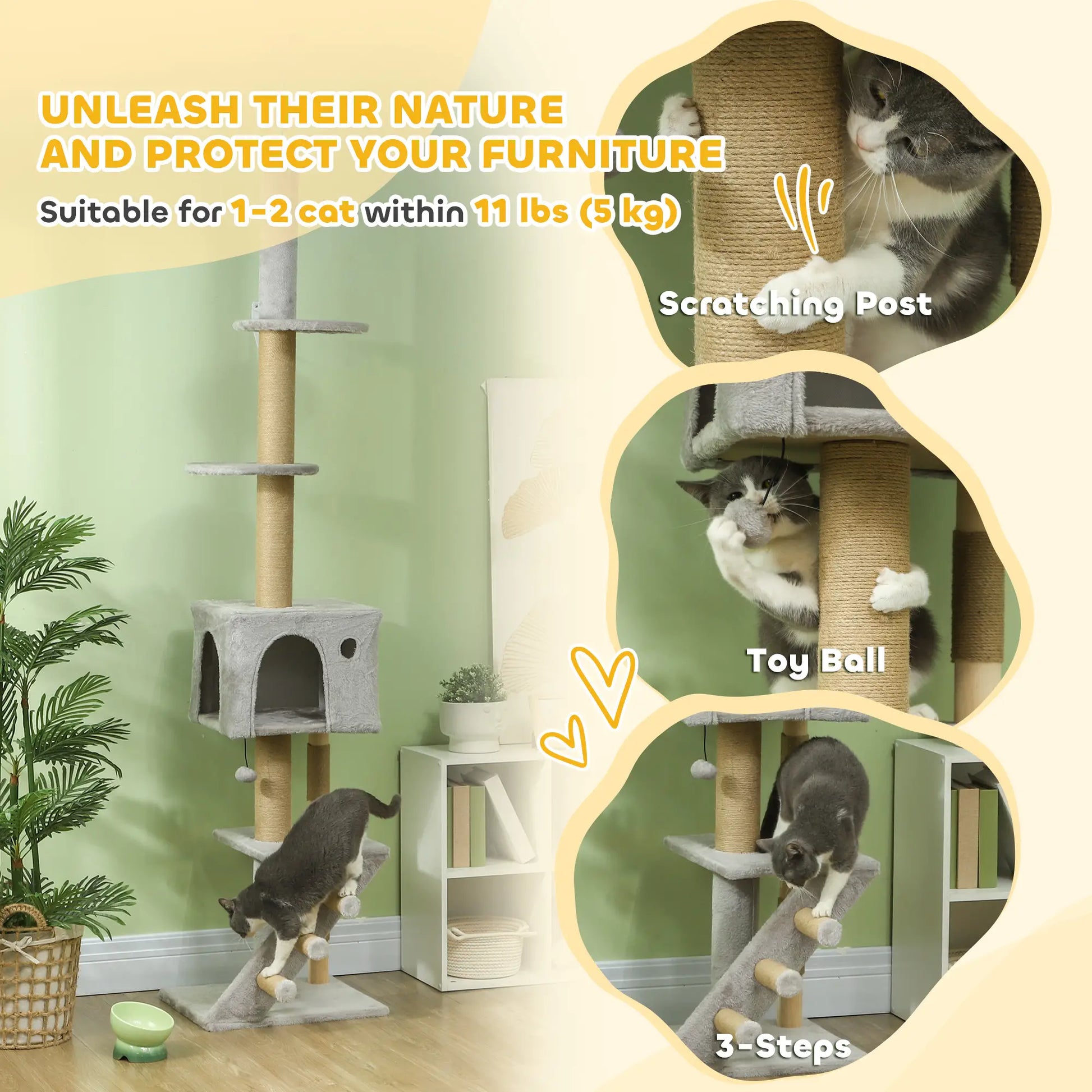 89"-104" Cat Tree, Scratching Post, Cat House, 3-Steps, Hanging Ball, Light Grey Floor to Ceiling Cat Trees at Gallery Canada