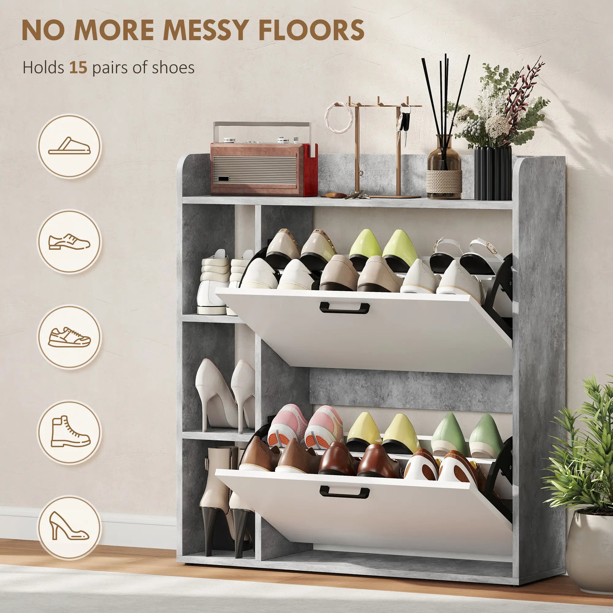 Shoe Cabinet with 2 Flip Drawers, 3 Side Compartments, Adjustable Shelves, 8-12 Pairs for Entryway Hallway, Grey Shoe Storage Cabinets & Racks at Gallery Canada