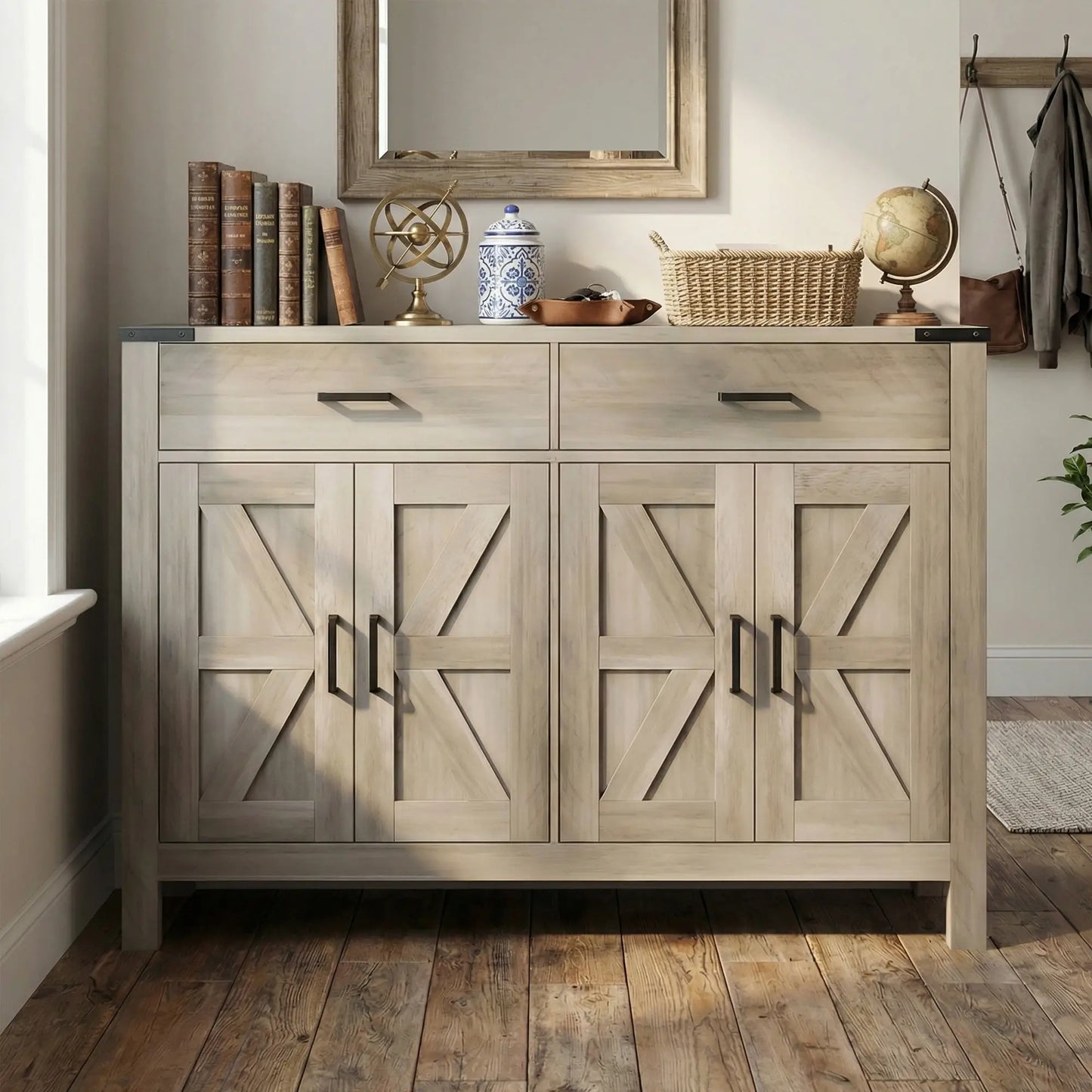 Farmhouse Buffet Cabinet, 2 Drawers, 2 Cabinets, Adjustable Shelves, Grey Bar Cabinets at Gallery Canada