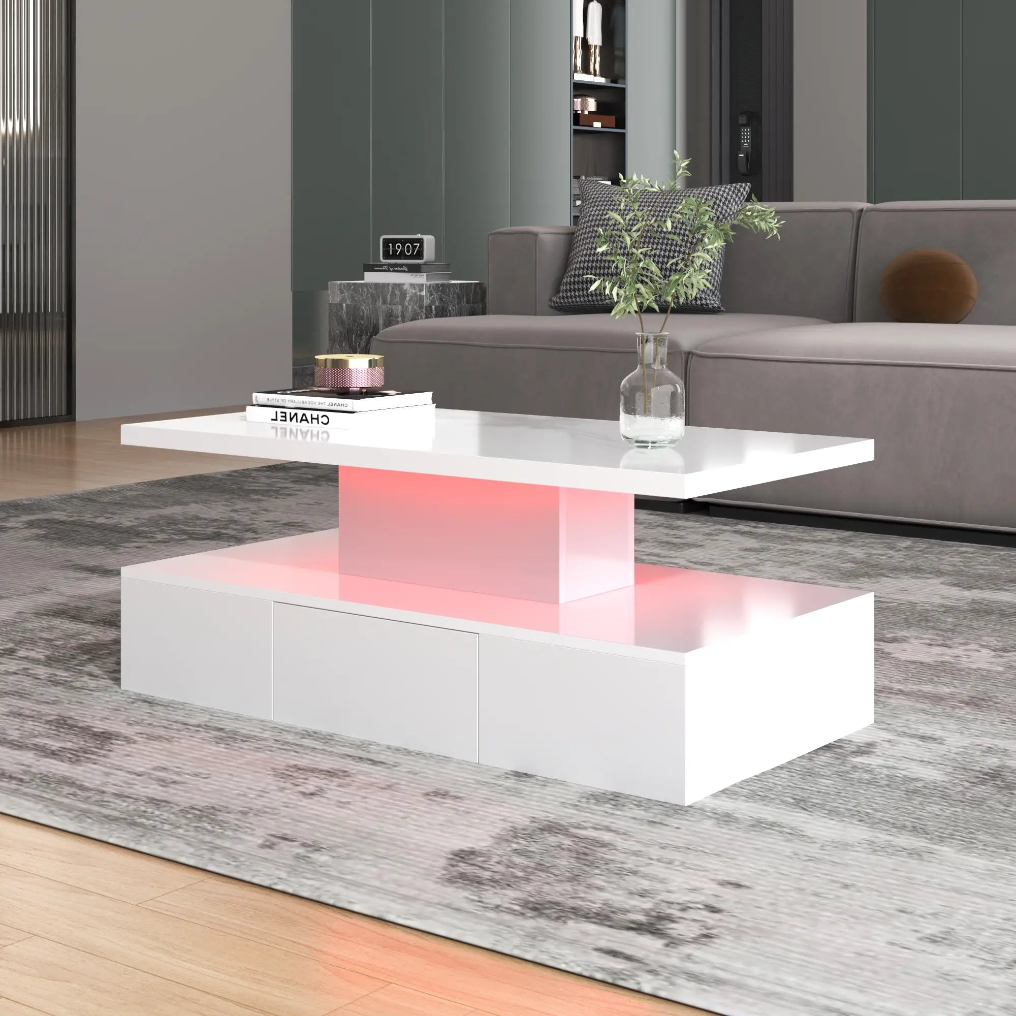 High-Gloss Coffee Table, Hidden Drawer, 39.5