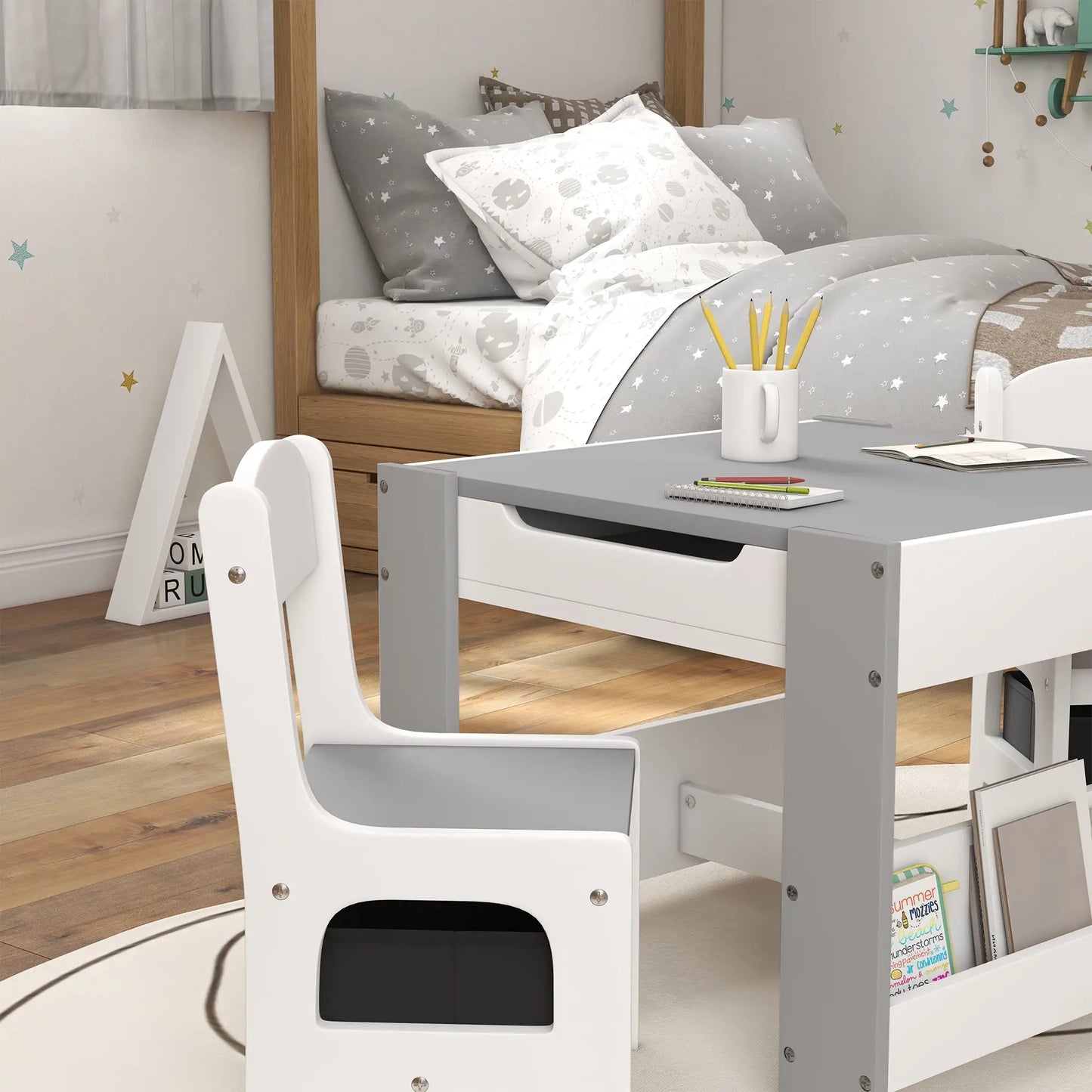 3 Piece Kids Table and Chair Set, Reversible Tabletop, Blackboard, Storage, Grey Kids Table Sets at Gallery Canada