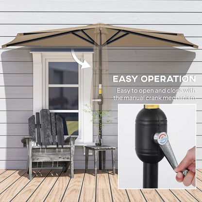 9.8ft Half Umbrella, Semi Round Patio Parasol, Crank Handle, Top Vent, Coffee Half Round Umbrellas at Gallery Canada