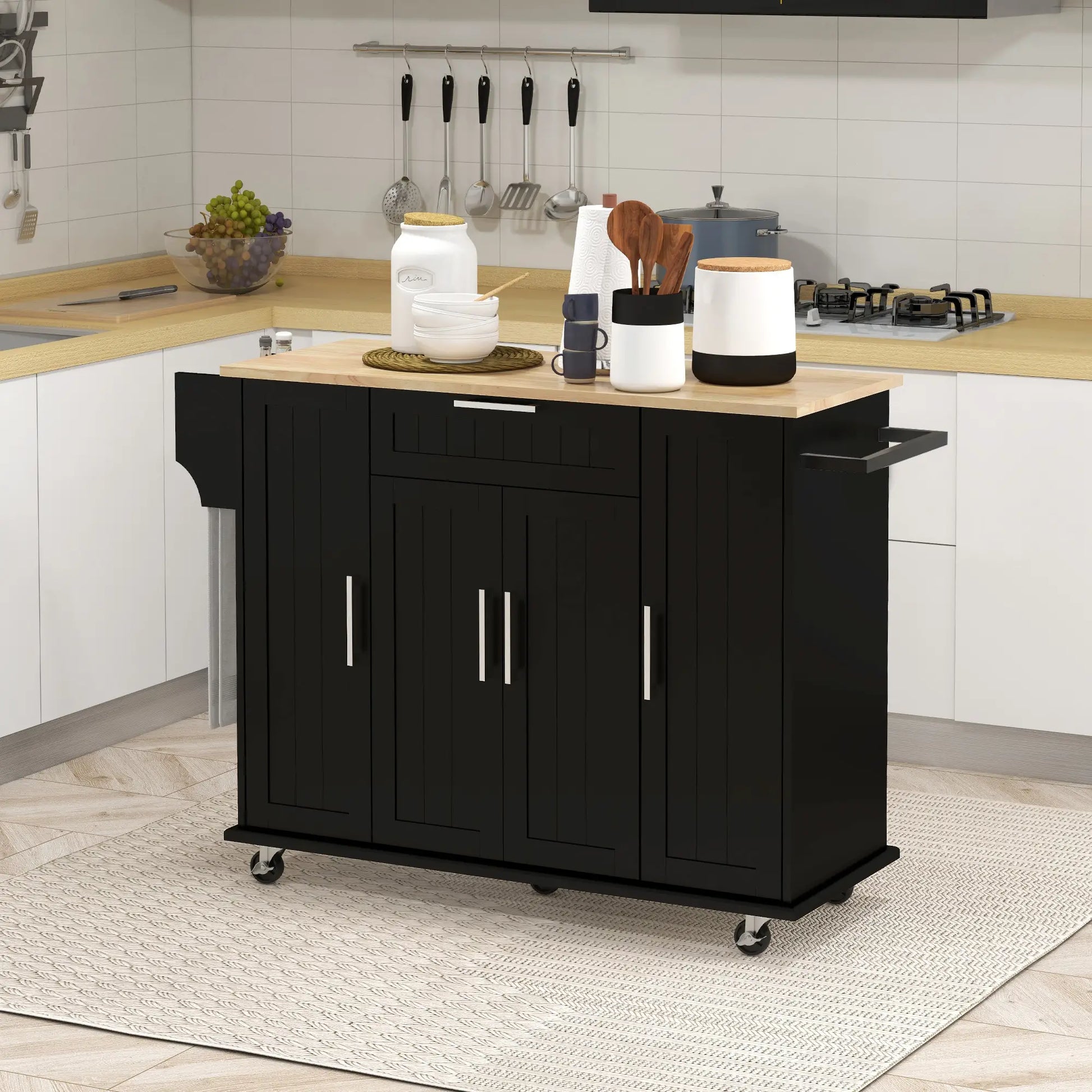 Modern Rolling Kitchen Island Cart, Natural Wood Top, Black, Black Kitchen Islands & Kitchen Carts at Gallery Canada
