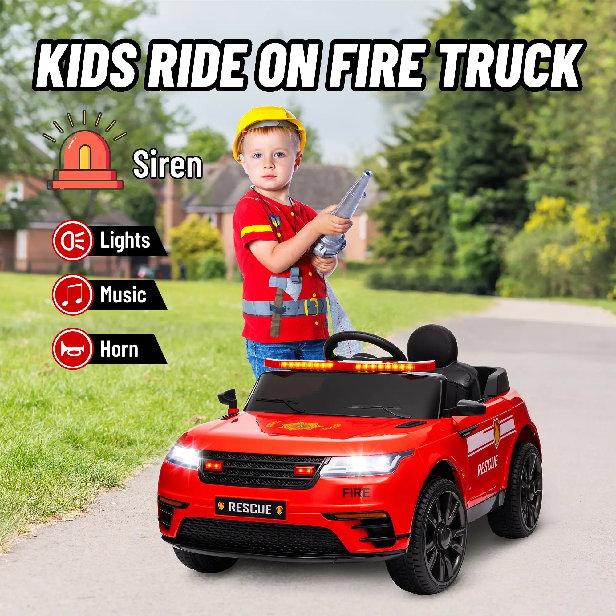 12V Kids Electric Fire Truck, Remote Control, Spring Suspension, Red Electric Toy Cars at Gallery Canada