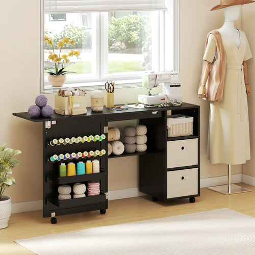 Rolling Sewing Machine Table, Folding Craft Table with Drawers, Bins, Pegs, Black