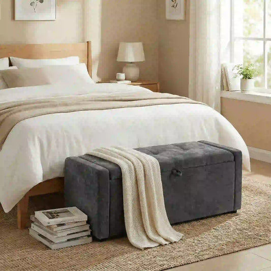 Storage Ottoman Bench, Linen Fabric, Wide Padded Seat, Dark Grey Storage Ottomans & Benches Dark Grey at Gallery Canada