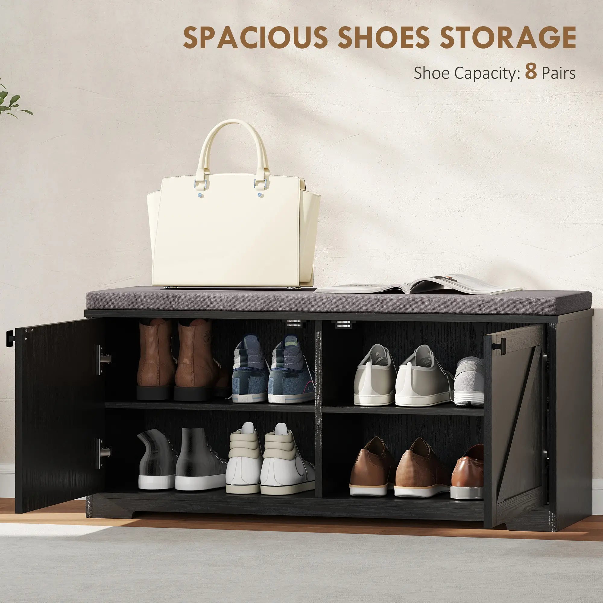 Shoe Storage Bench with Padded Seat, Entryway Bench, 8 Pairs, Black Wood Grain, Black Shoe Storage Cabinets & Racks at Gallery Canada