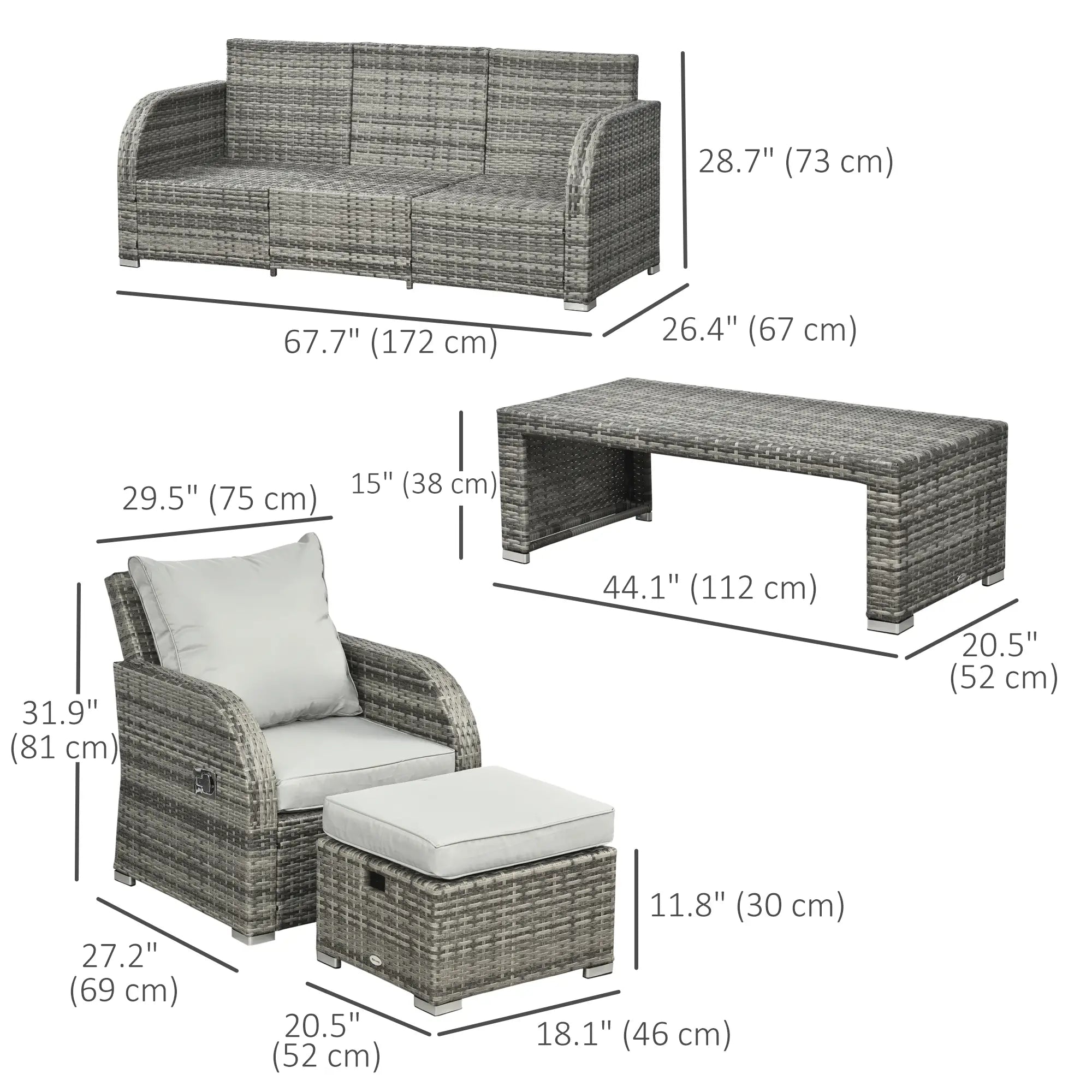 6-Piece Patio Furniture Set, Wicker Sectional Sofa, 3-Seat, 2 Recliners, 2 Footstools, Table, Light Grey Patio Furniture Sets at Gallery Canada