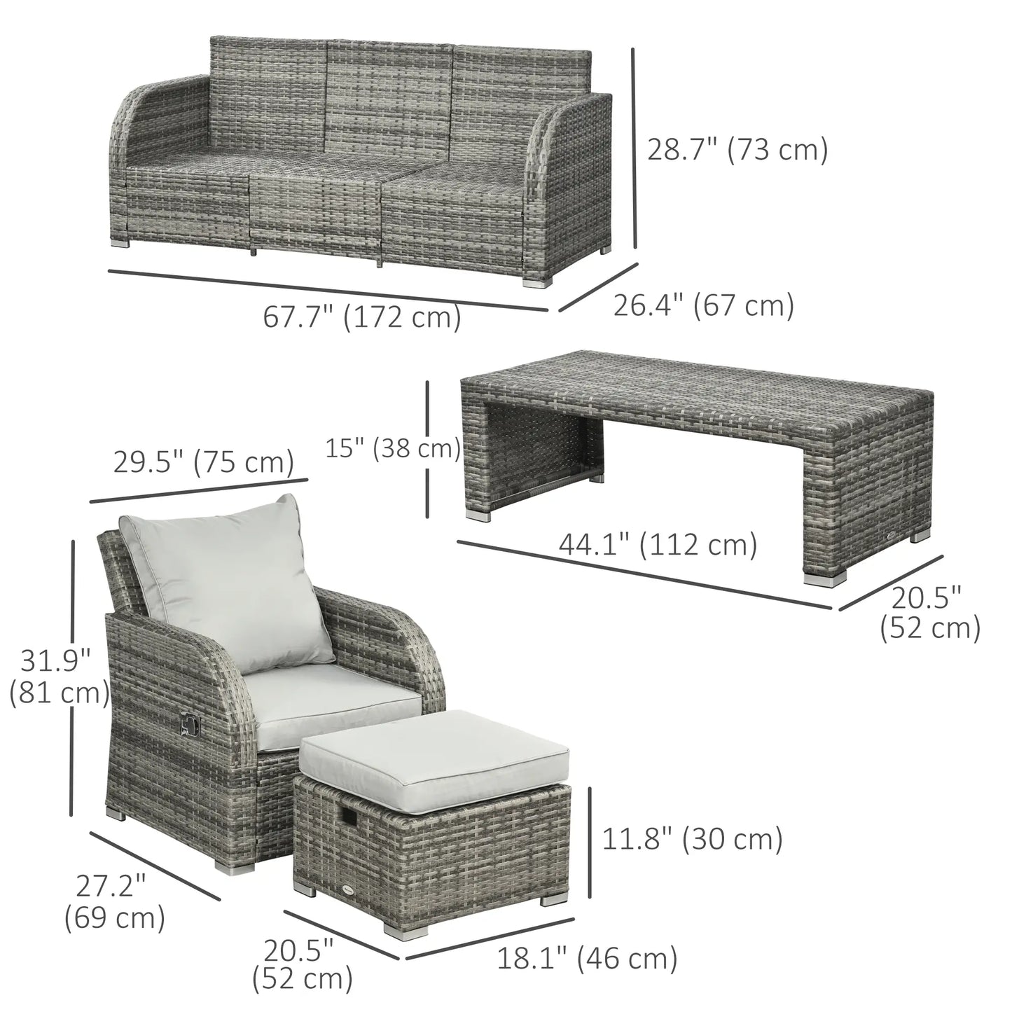 6-Piece Patio Furniture Set, Wicker Sectional Sofa, 3-Seat, 2 Recliners, 2 Footstools, Table, Light Grey Patio Furniture Sets at Gallery Canada