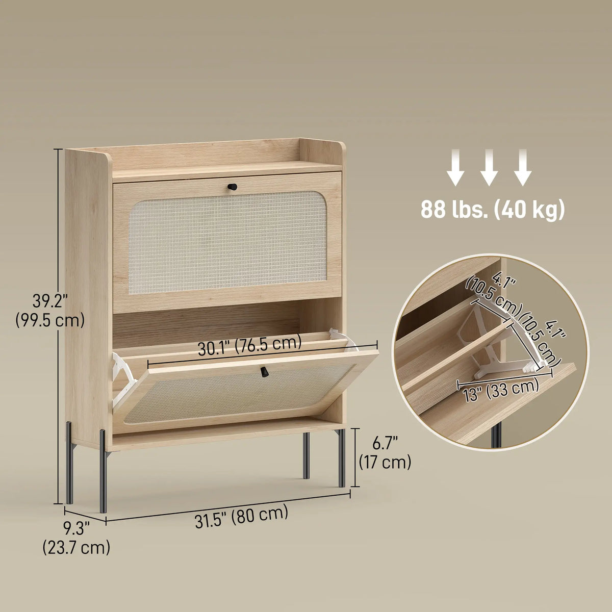 Shoe Cabinet With 2 Flip Drawers, Narrow Storage, Oak