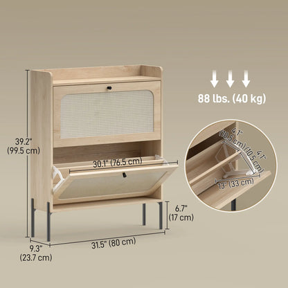 Shoe Cabinet With 2 Flip Drawers, Narrow Storage, Oak